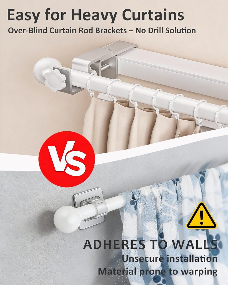 Mimiio Over Blinds Curtain Rod Brackets for Outside Mounted, No-Drill Blinds Curtain Rod Holders for 1.3-2" Rectangular Headrails, Tool-Free & No Wall Damage, Apartment & Renter Friendly (Set of 4, Silver) - Image 4
